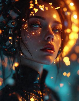 The primary subject of the image is a woman with a unique and futuristic appearance. She is wearing a black outfit and has a glowing, sparkling effect around her eyes, which adds to her otherworldly look. The setting appears to be a futuristic or technological environment, possibly a space or a futuristic city. The visual style of the image is a combination of photo and digital art, creating a striking and eye-catching effect. The colors and mood of the image are predominantly
